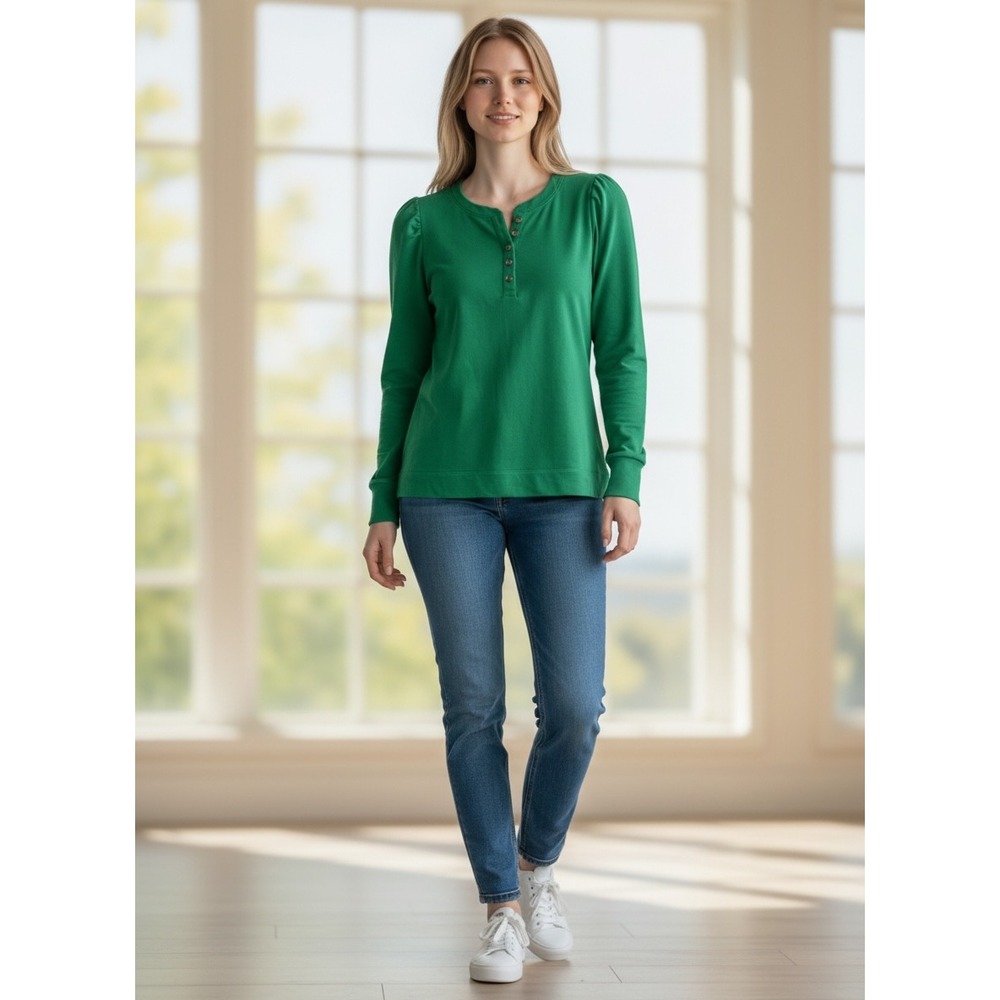 Loft Outlet Womens XL Green Puff Shoulder Henley French Terry Sweater‎ Chic